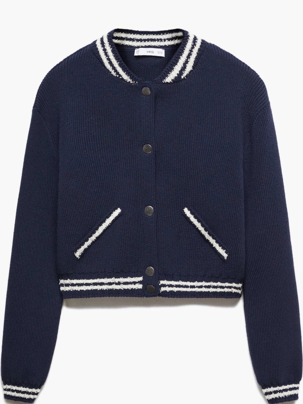Mango Navy Knit Bomber Cardigan with White Trim